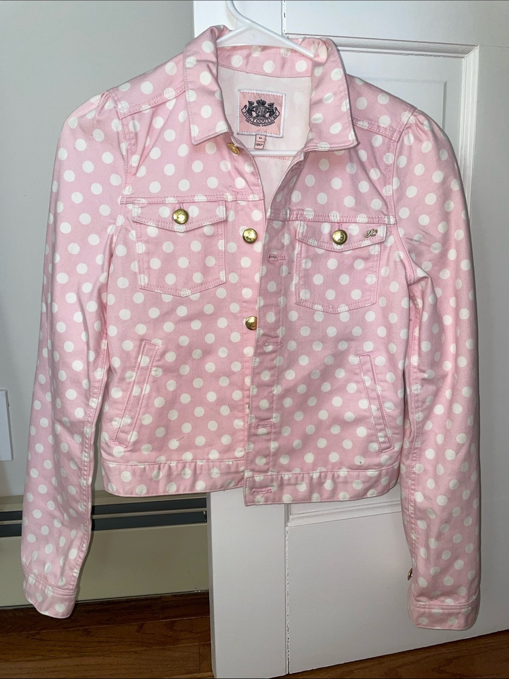 Vintage Juicy Couture Pink Polka Dot Denim Jacket w/ Gold Buttons girls size 14